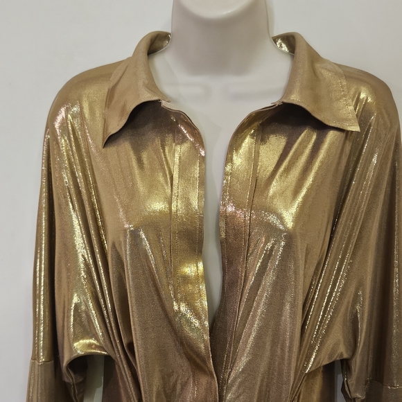 Norma Kamali Gold Metallic Tie Front Long Sleeve Mini Dress,Size Medium/38,NWT - Picture 5 of 16